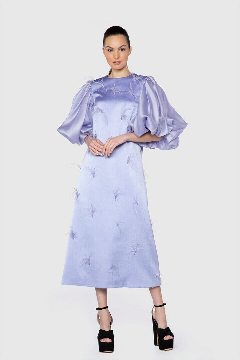 GIZIAGATE - Nihan Peker Balon Kollu Midi Mor Tasarım Elbise