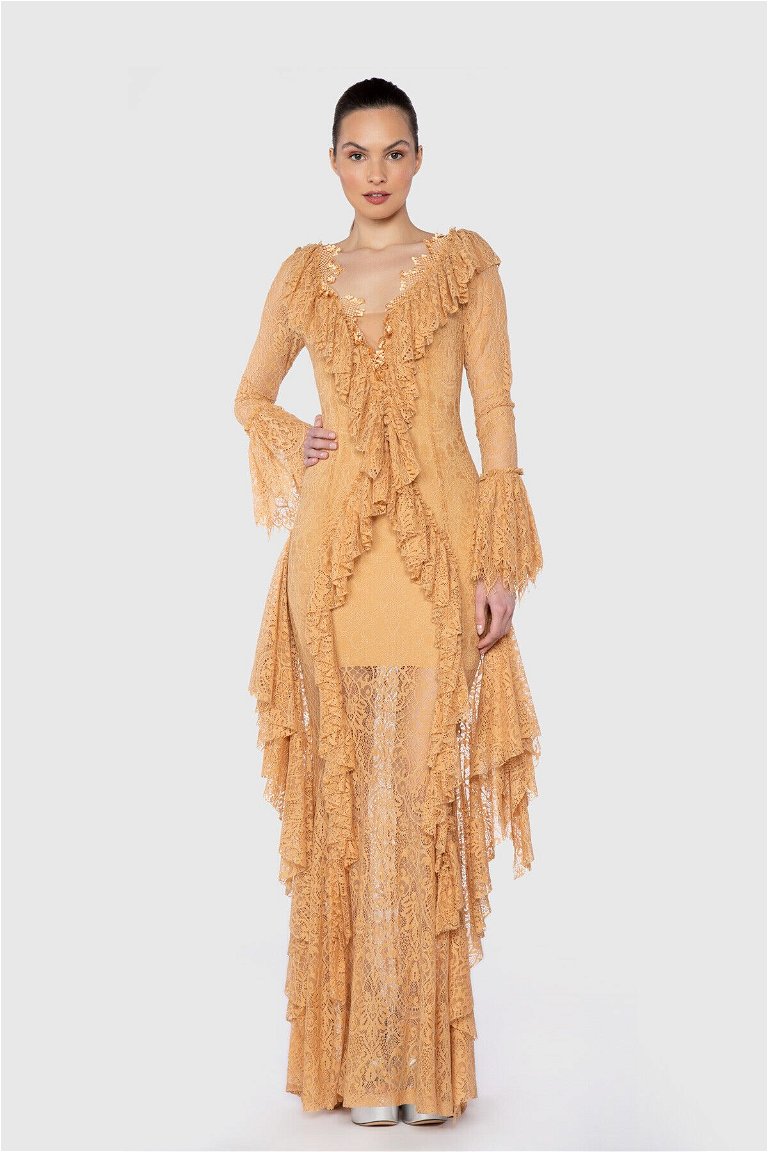 GIZIAGATE - Long Lace Dress With Ruffle Volley Detail