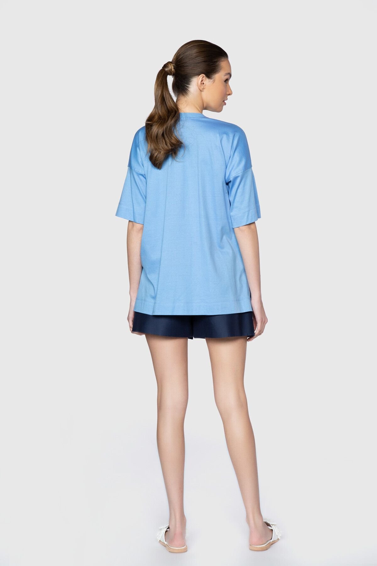 Embroidered Detailed Short Sleeve Blue T-Shirt