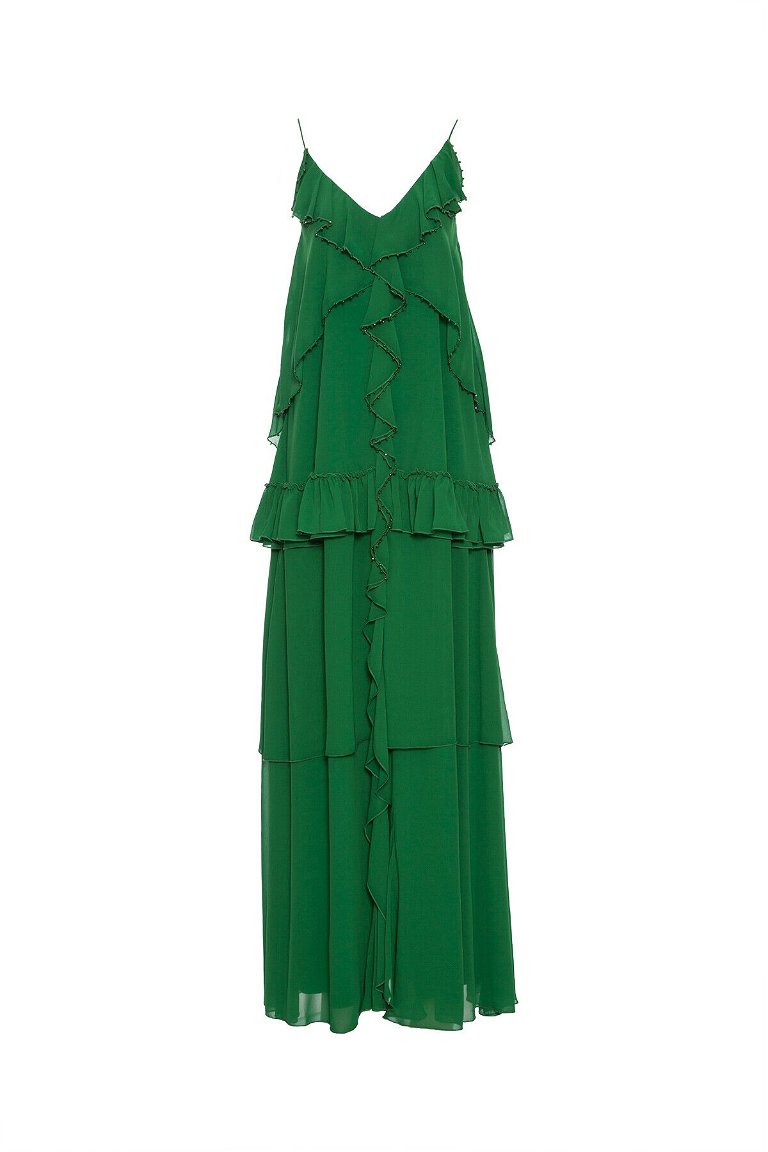 GIZIA - Fırfırlı İp Askılı Yeşil Elbise