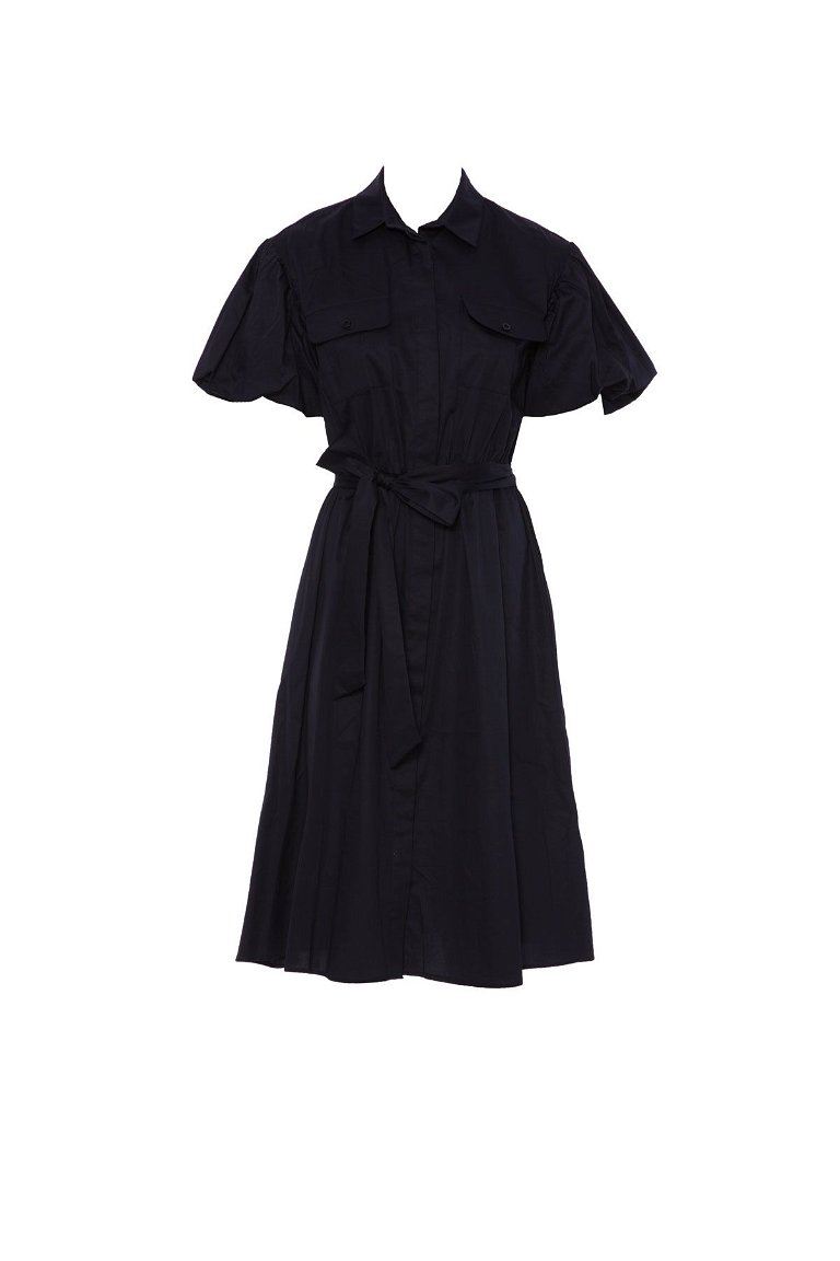 KIWE - İki Cepli Bağlama Detaylı Lacivert Poplin Elbise