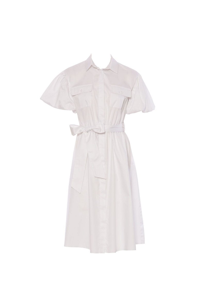 KIWE - İki Cepli Bağlama Detaylı Beyaz Poplin Elbise