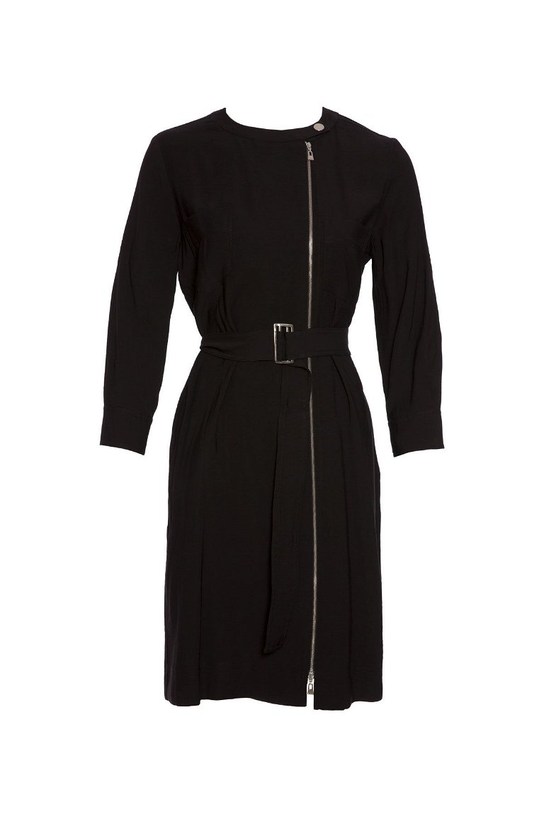 KIWE - Fermuar Detaylı İki Cepli Kuşaklı Siyah Elbise