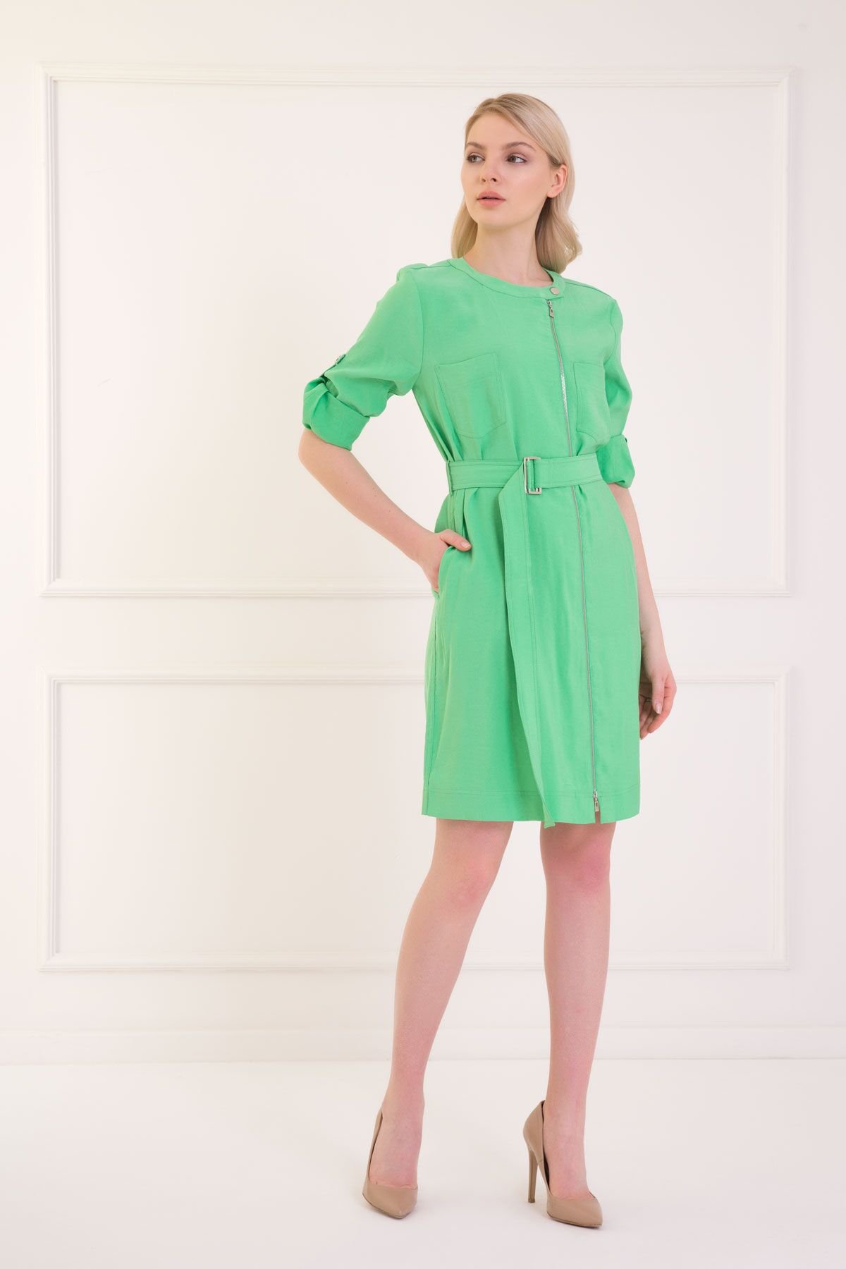 Zipper Detailed Two Pocket Belted Green Dress