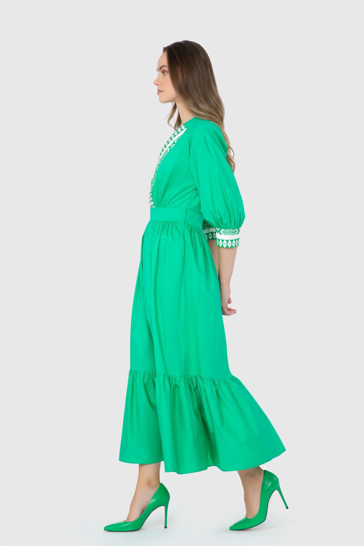 Embroidered Three Quarter Sleeve Green Long Dress