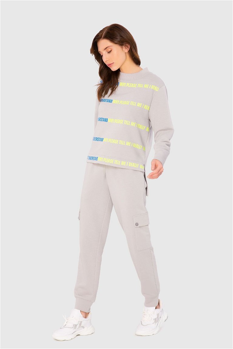 KIWE - Neon Print Detailed Two-Thread Grey Sweatshirt