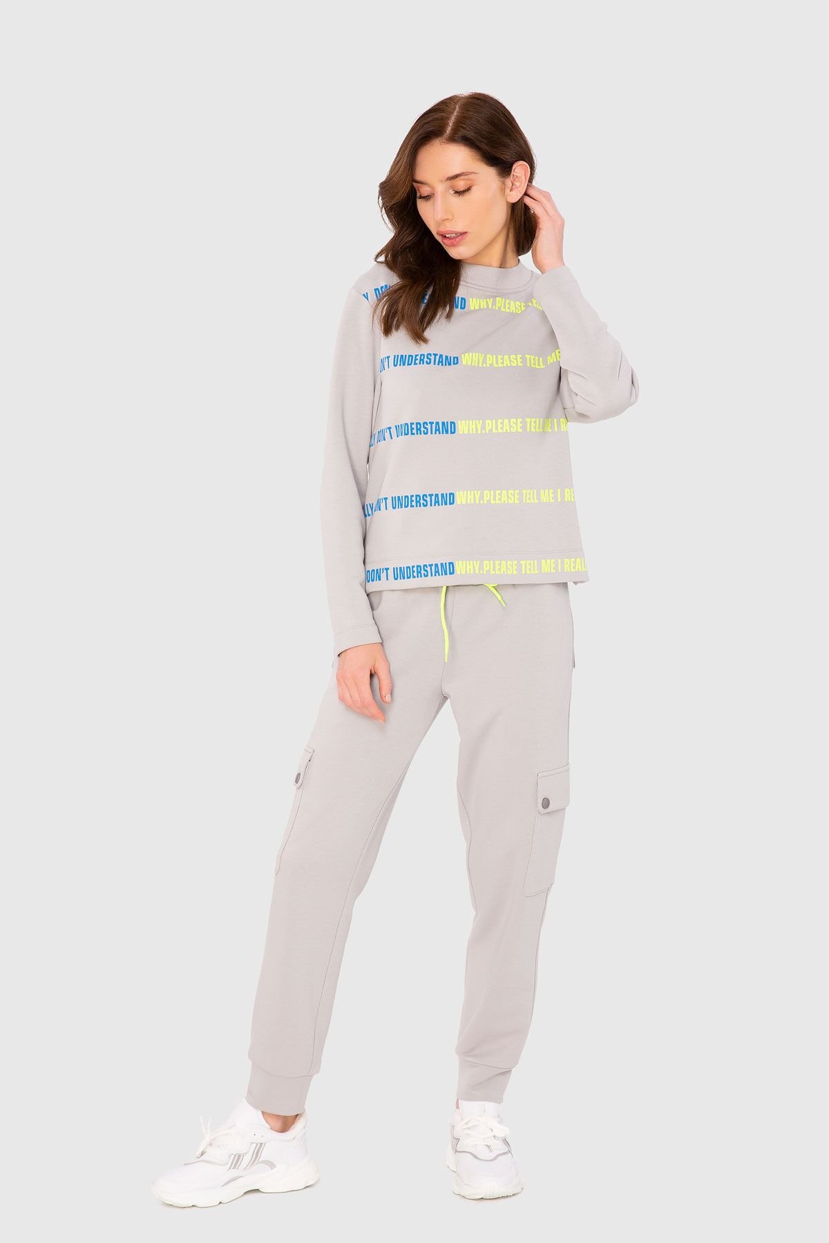 Neon Print Detailed Two-Thread Grey Sweatshirt