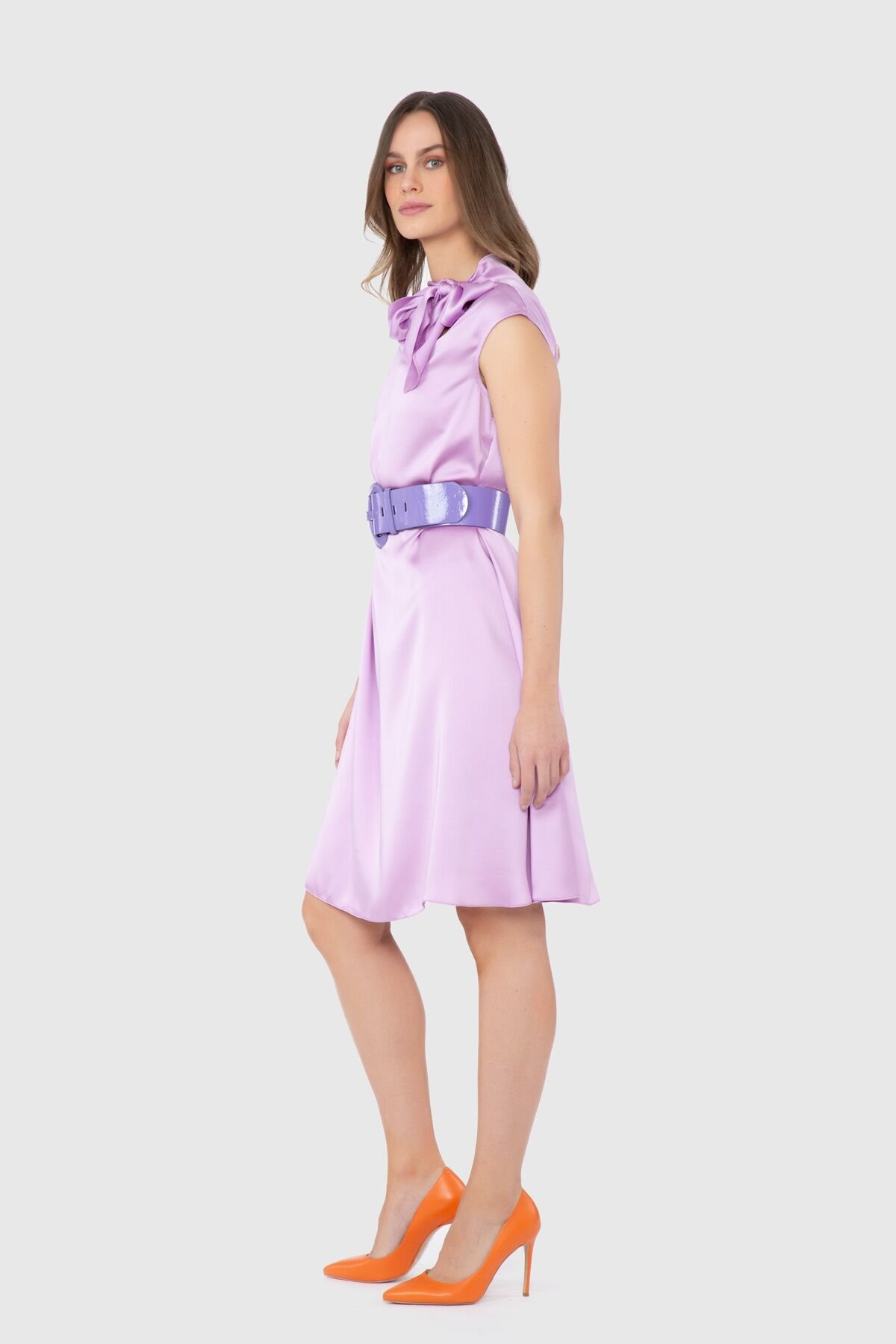 Belted Collar Detailed Purple Dress