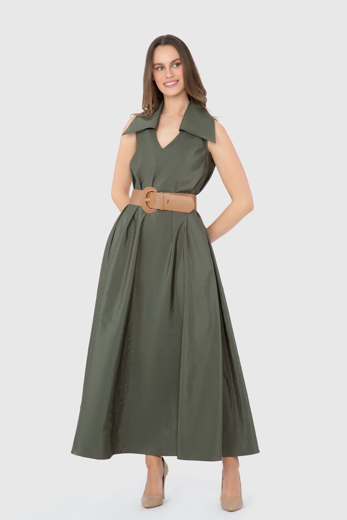 Belted Wide Collar Long Green Dress