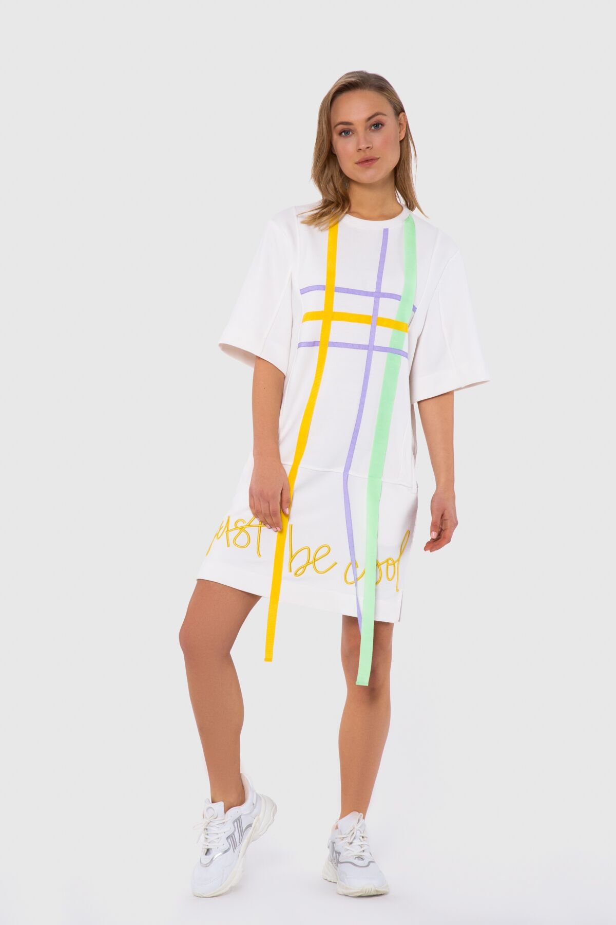 Ecru White Dress With Long Stripe And Text Detail