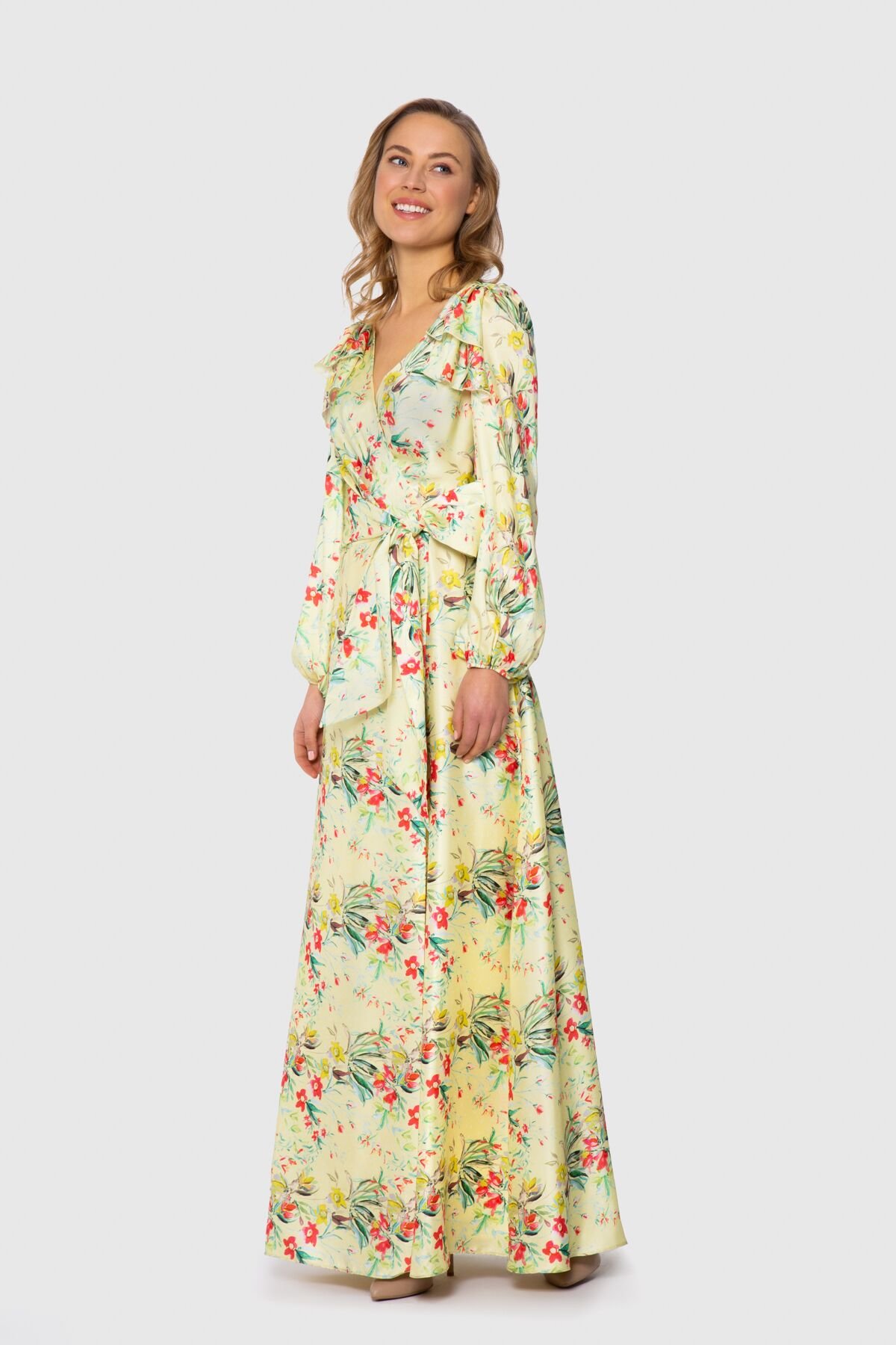 Belted Backless Floral Printed Yellow Dress