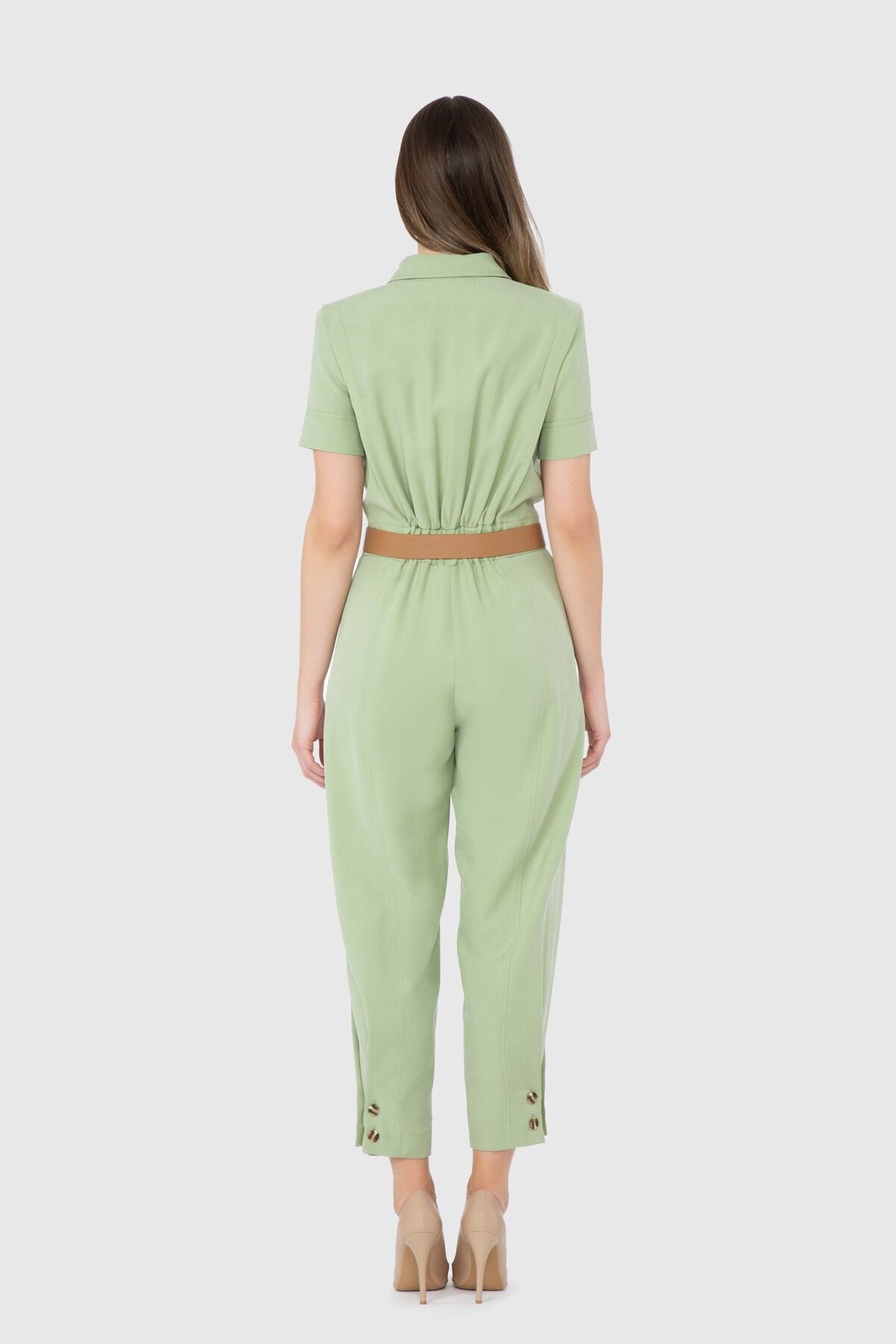 Short Leg Button Detailed Waist Belt Green Jumpsuit Dress