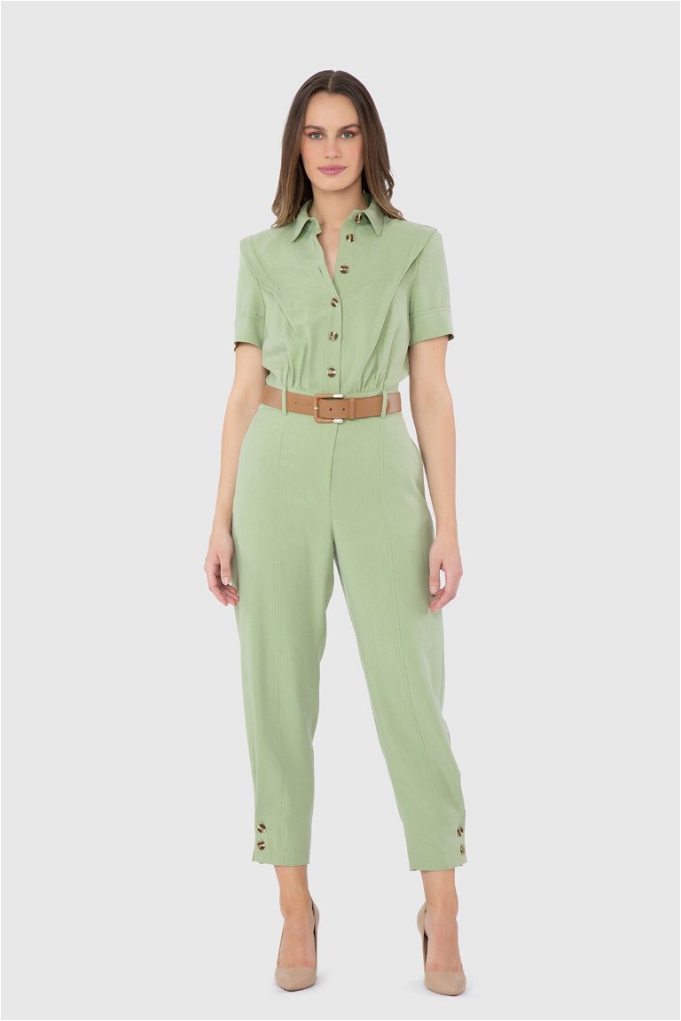 KIWE - Short Leg Button Detailed Waist Belt Green Jumpsuit Dress
