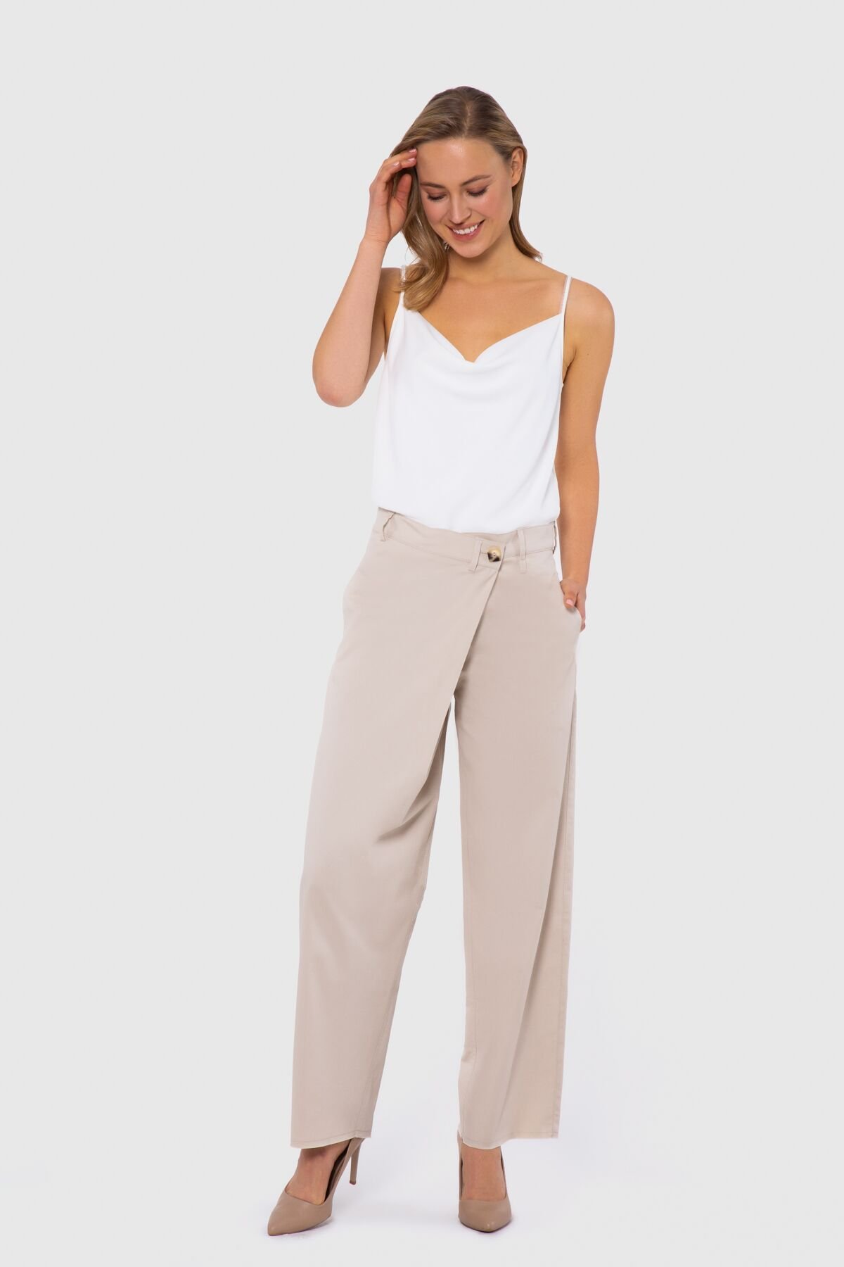 Front Fold Detailed Beige Trousers
