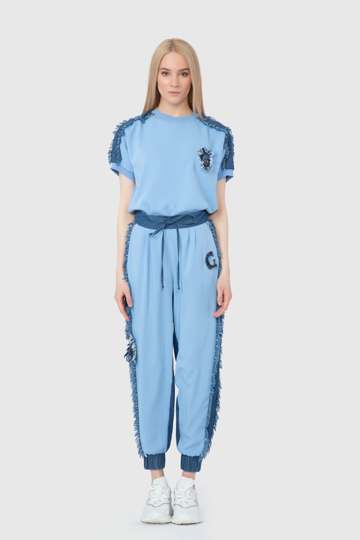 Contrast Jean Detailed Embroidery Blue Trousers