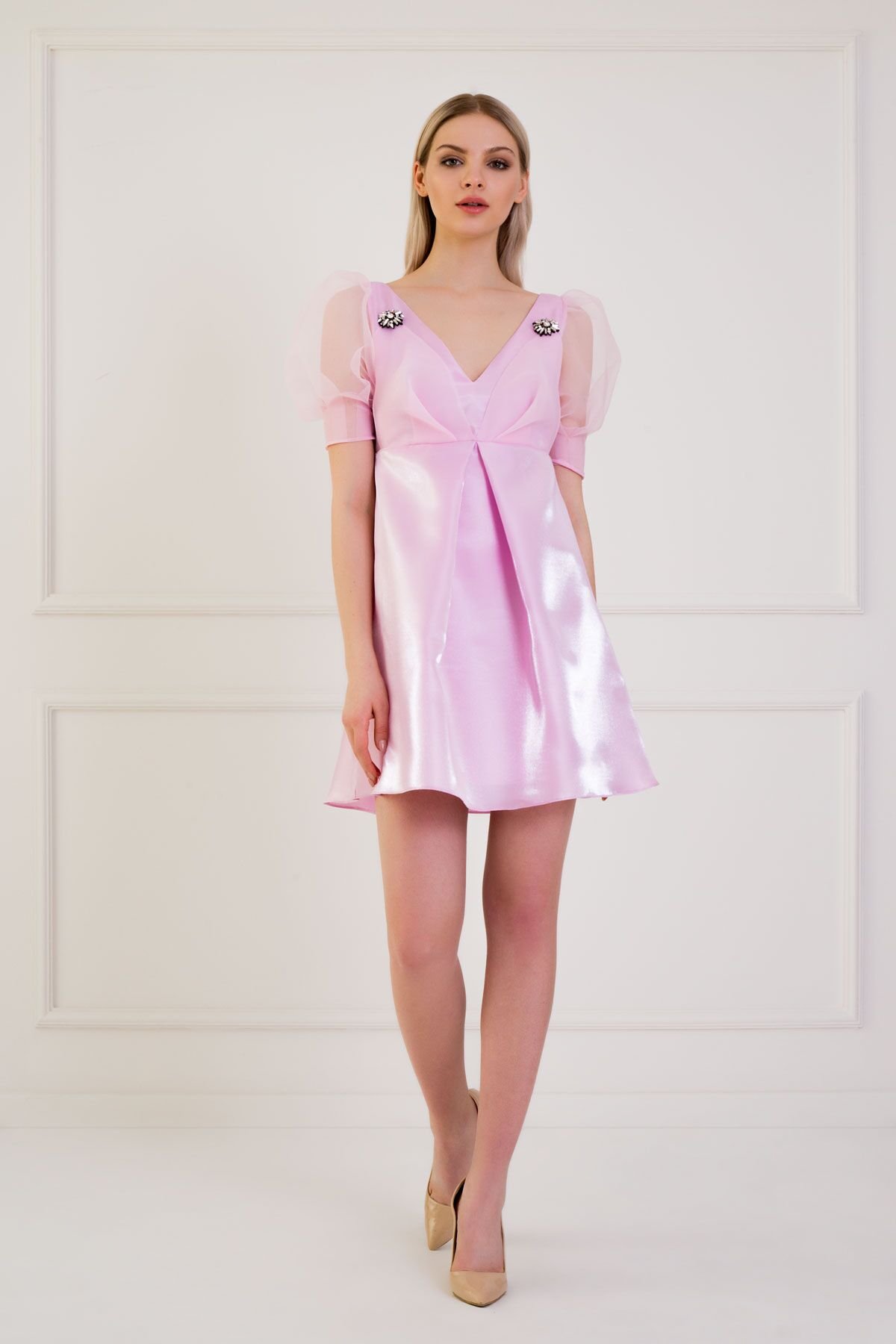 Sleeve Detailed V Neck Brooch Pink Satin Party Dress