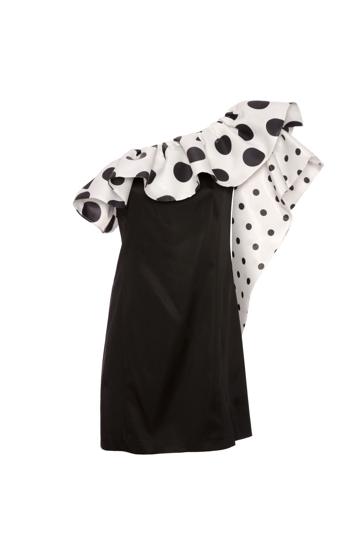 One Shoulder Polka Dot White Dress With Flounce Sleeves Detailed