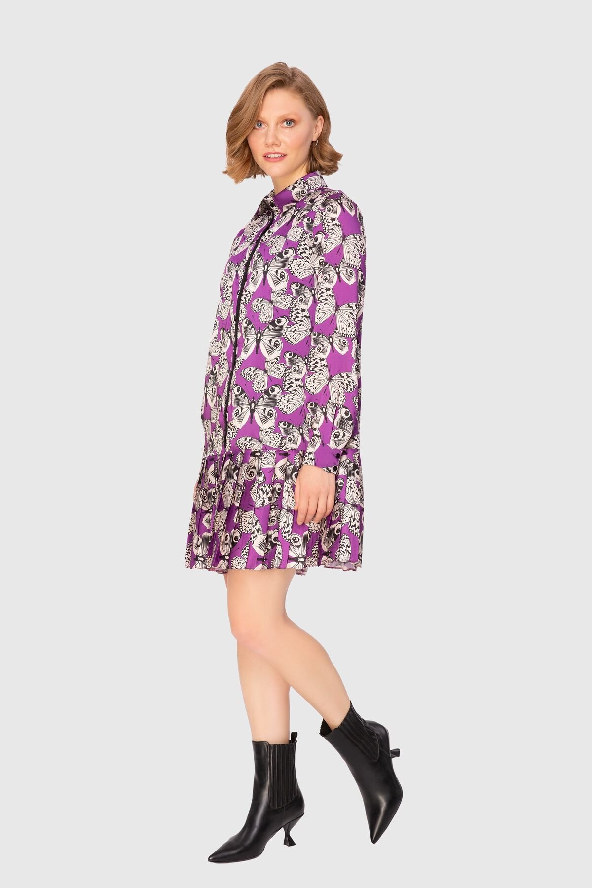 Patterned Pleated Mini Purple Dress