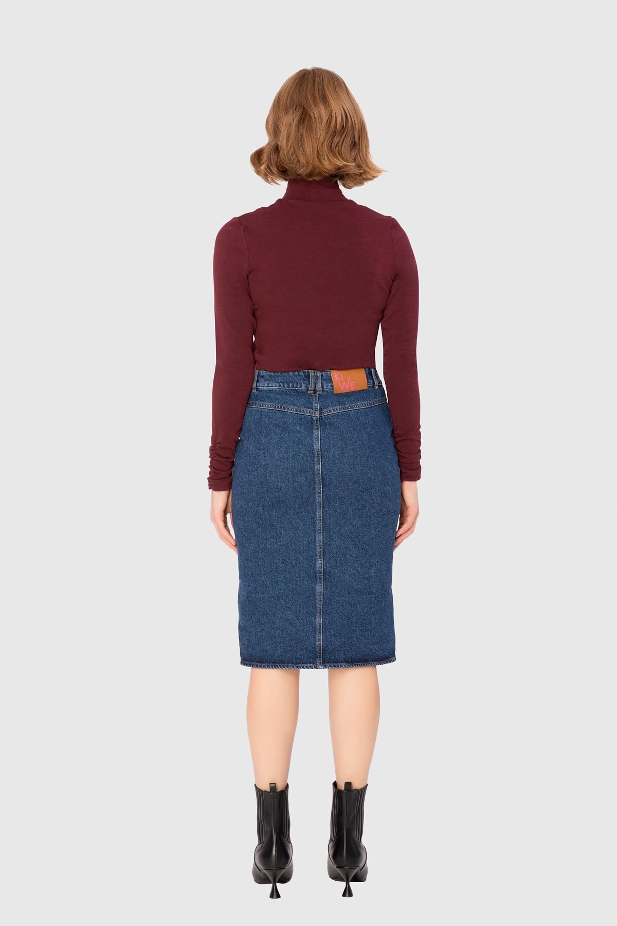 Front Slit Detailed Blue Denim Midi Skirt