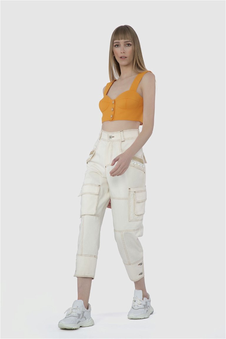 GIZIA - Buttoned Embroidered Detailed Cargo Ecru Trousers