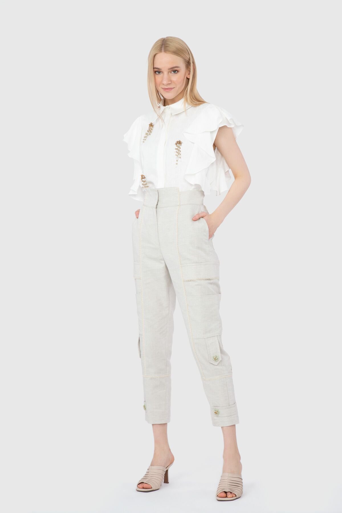 Pocket Detailed Bead Embroidered High Waist Beige Carrot Trousers