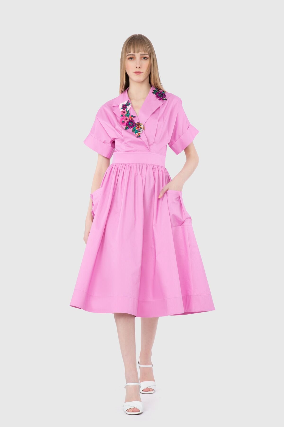 Floral Embroidered Collar Detailed Flywheel Skirt Pink Dress