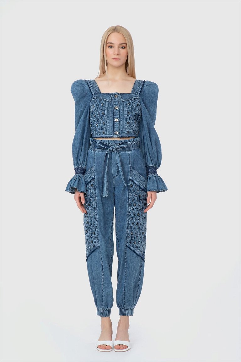 GIZIA - With Stitching Detail Balloon Sleeves Gathered Back Blue Crop Top 