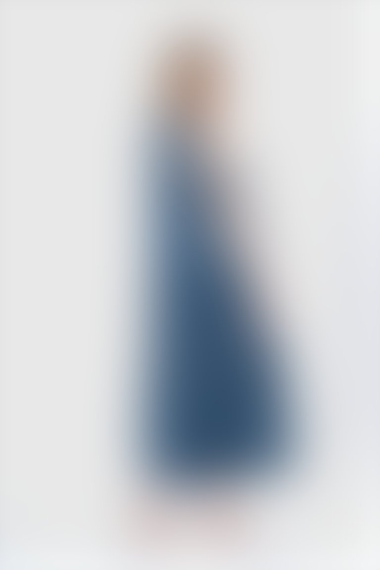 Dikiş Detaylı Önden Düğmeli Büzgülü Uzun Mavi Jean Elbise