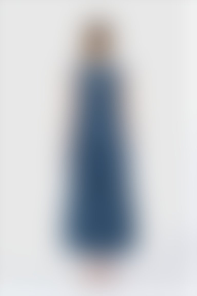 Dikiş Detaylı Önden Düğmeli Büzgülü Uzun Mavi Jean Elbise
