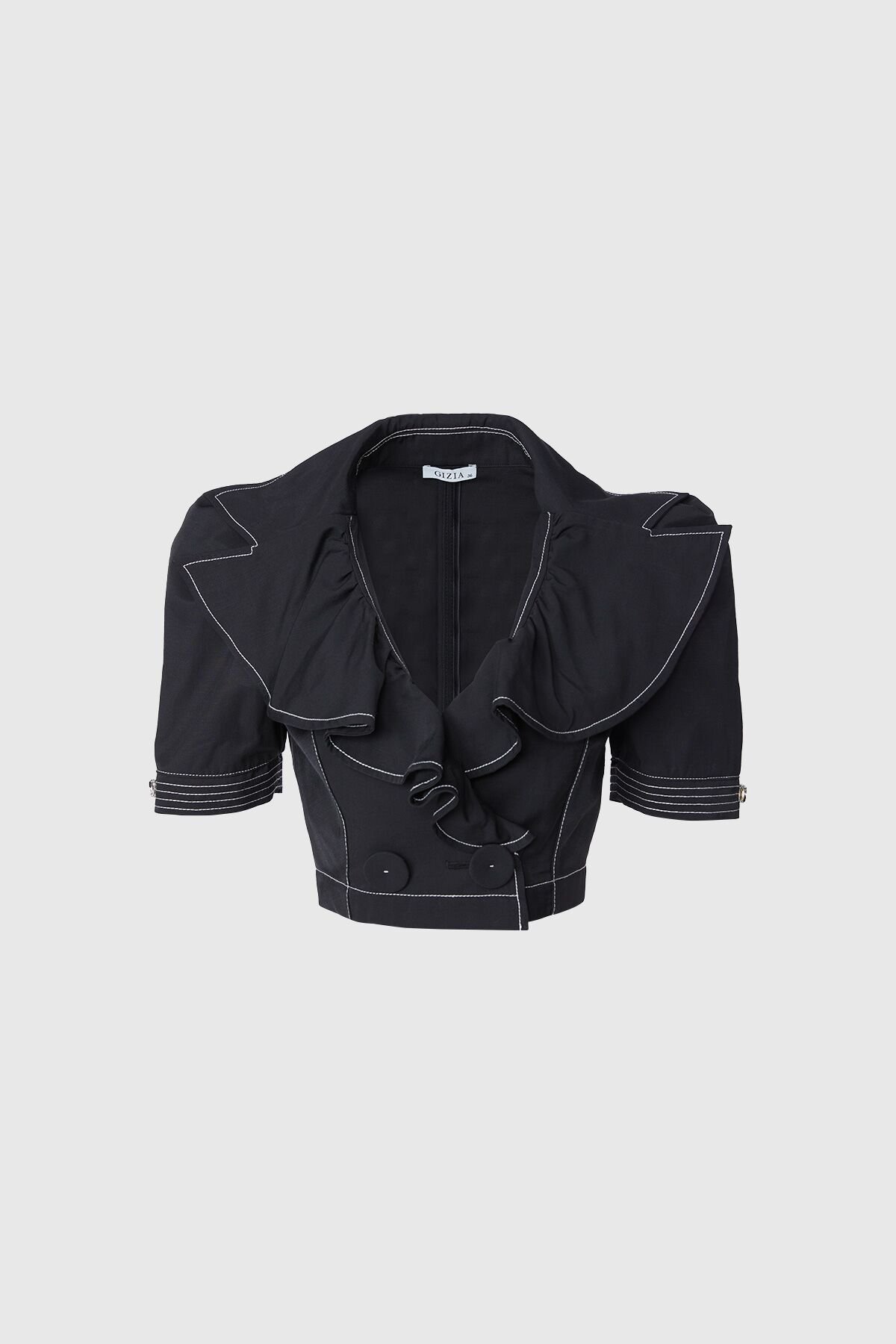 Kontrast Dikiş Ve İşleme Detaylı Yakası Volanlı Crop Boy Siyah Bluz