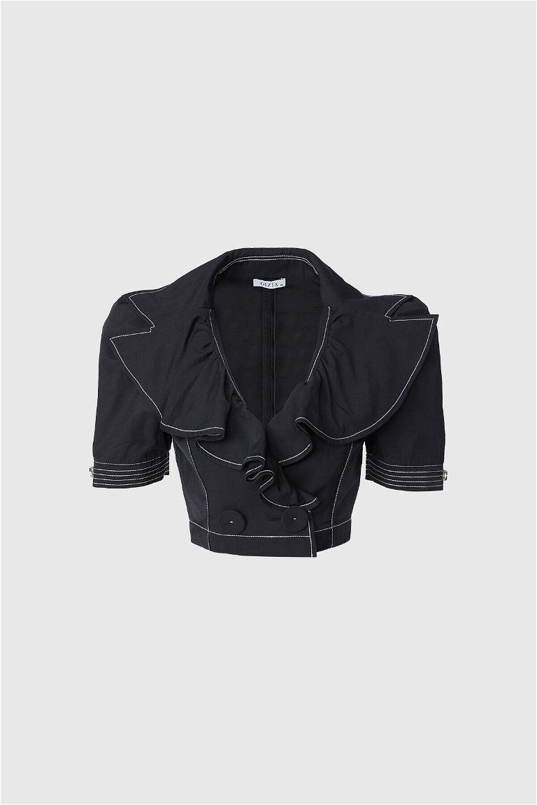  GIZIA - Contrast Stitching And Embroidery Detailed Crop Length Black Blouse With Ruffle Collar