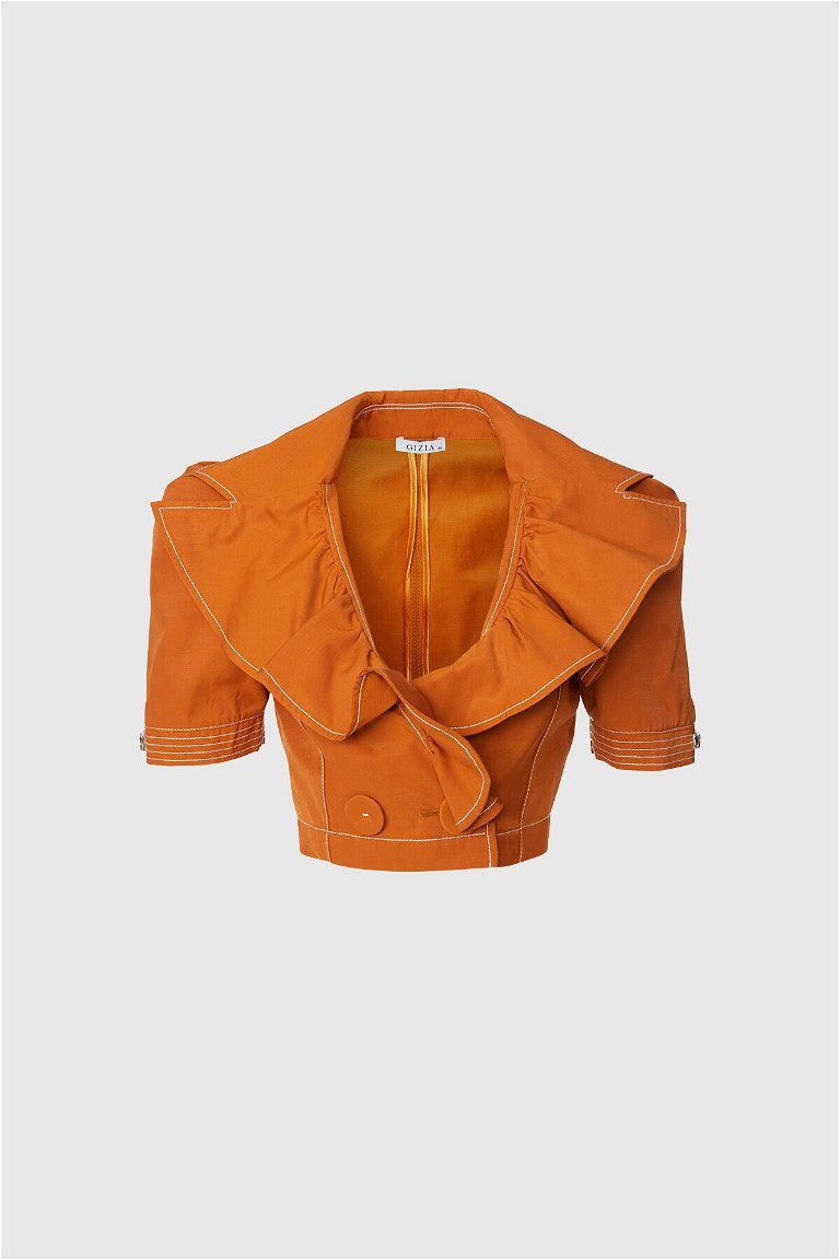  GIZIA - With Ruffle Collar Contrast Stitching And Embroidery Detailed Crop Length Brown Blouse