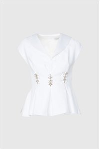 GIZIA - Pleated Detailed Embroidered Ecru Blouse