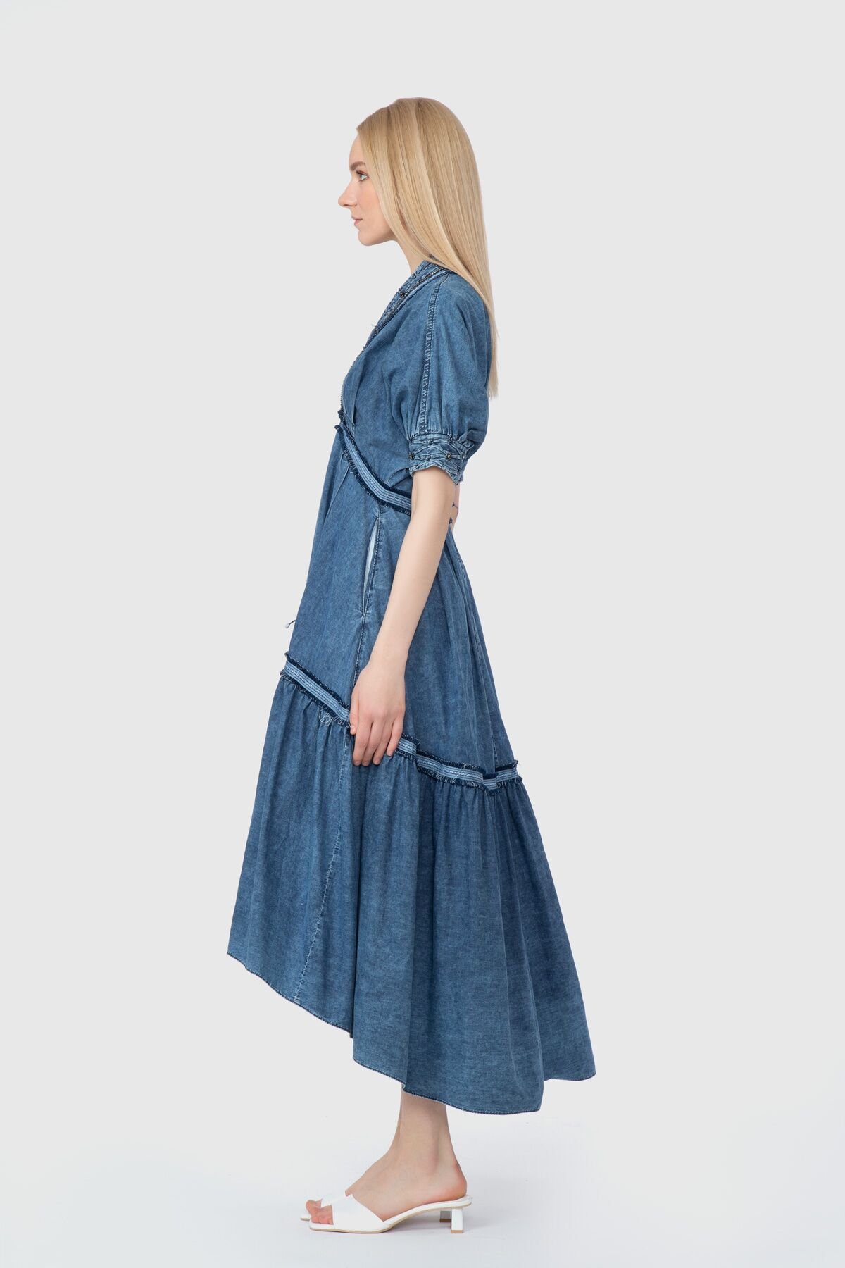Stitching Detailed V-Neck Pleated Midi Length Blue Jean Dress
