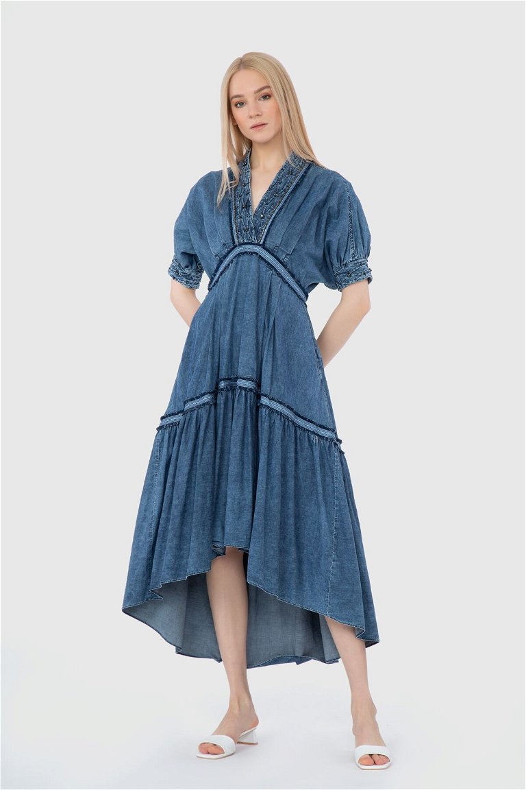 GIZIA - Stitching Detailed V-Neck Pleated Midi Length Blue Jean Dress