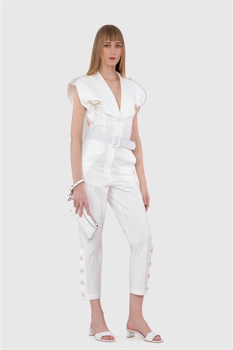 GIZIA - Accessory And Pearl Button Detailed Belted Ecru Jumpsuit