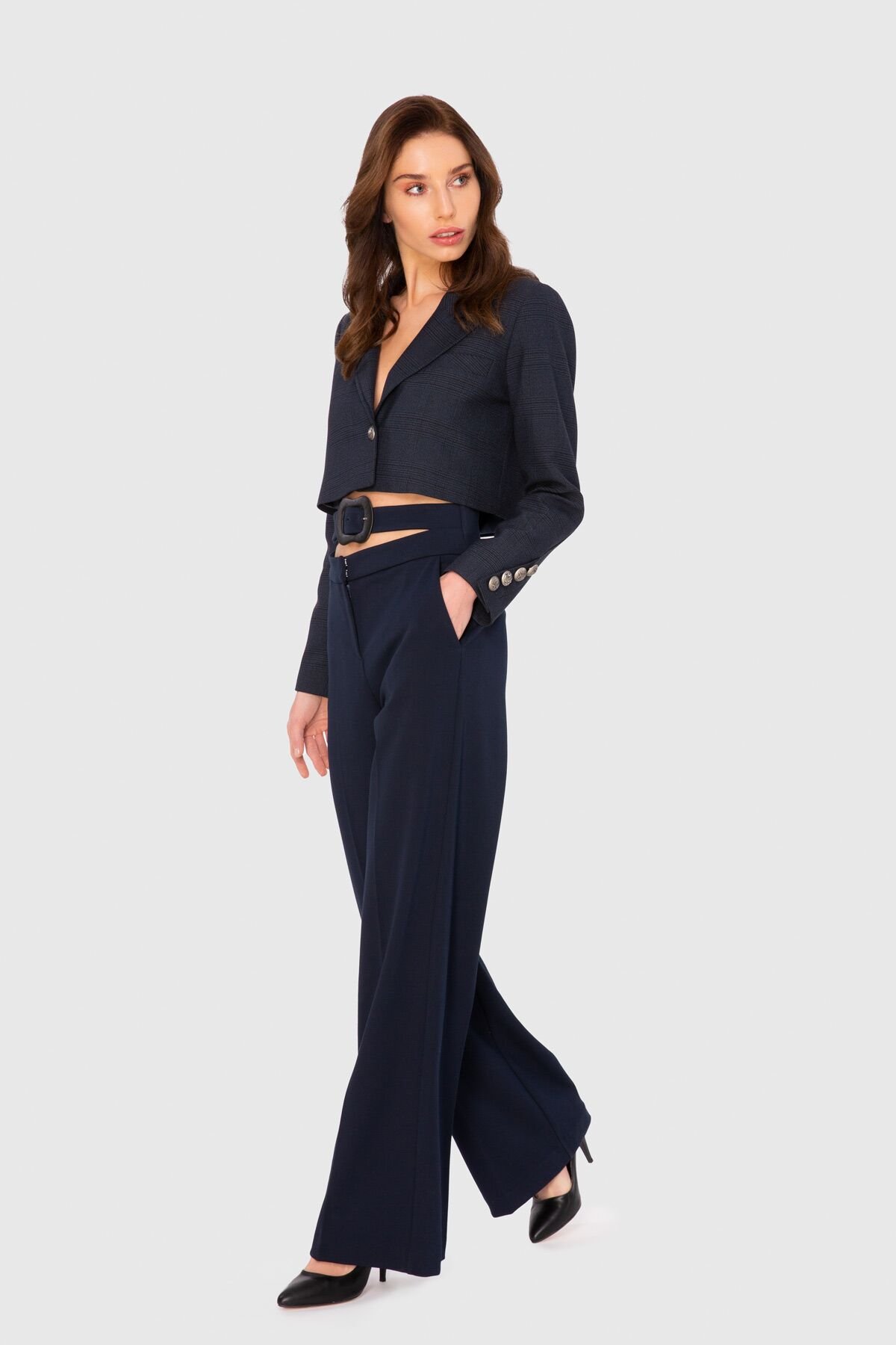 Navy Blue Suit With Waist Detail Short Jacket