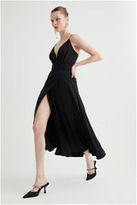 GIZIAGATE - With Rope Straps Ruffle Detailed Long Black Dress
