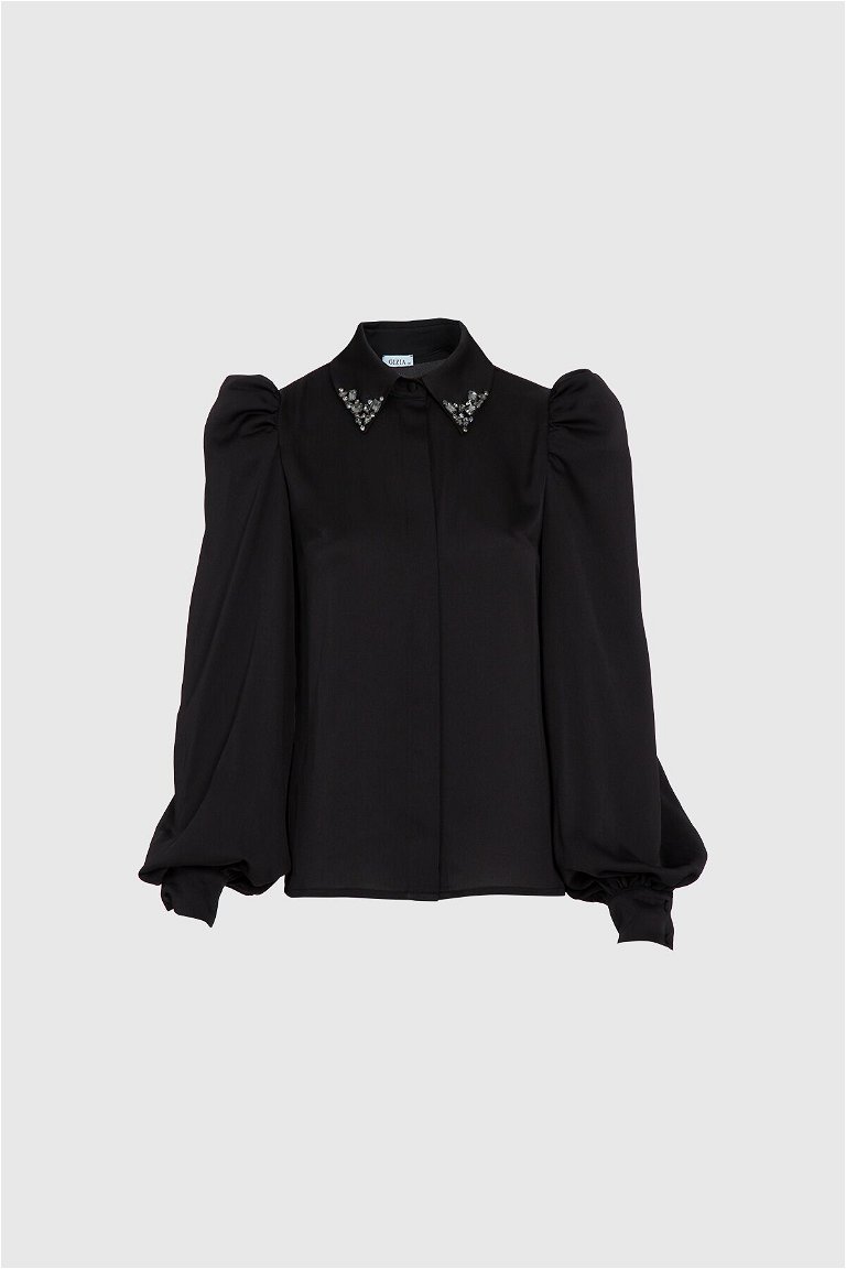 GIZIA - Stone Detailed Collar Black Shirt