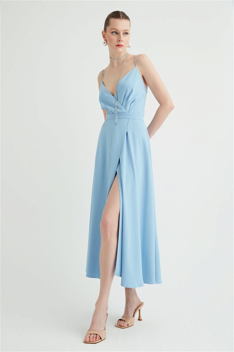 GIZIAGATE - With Rope Straps Ruffle Detailed Long Blue Dress