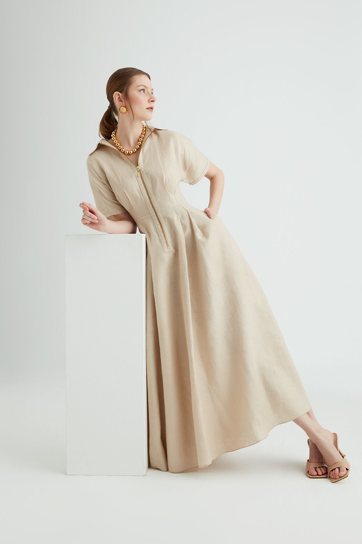Zip Front Pleat Detailed Ankle Length Beige Dress