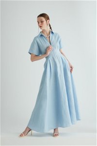 GIZIAGATE - Zip Front Pleat Detailed Ankle Length Blue Dress