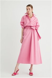 GIZIAGATE - Bat Sleeve Stand Collar Long Pink Poplin Dress