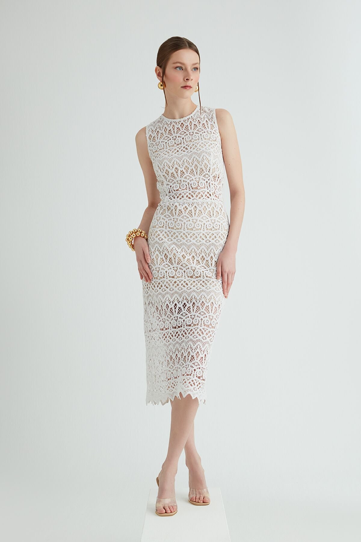 Sleeveless Midi Length White Lace Dress