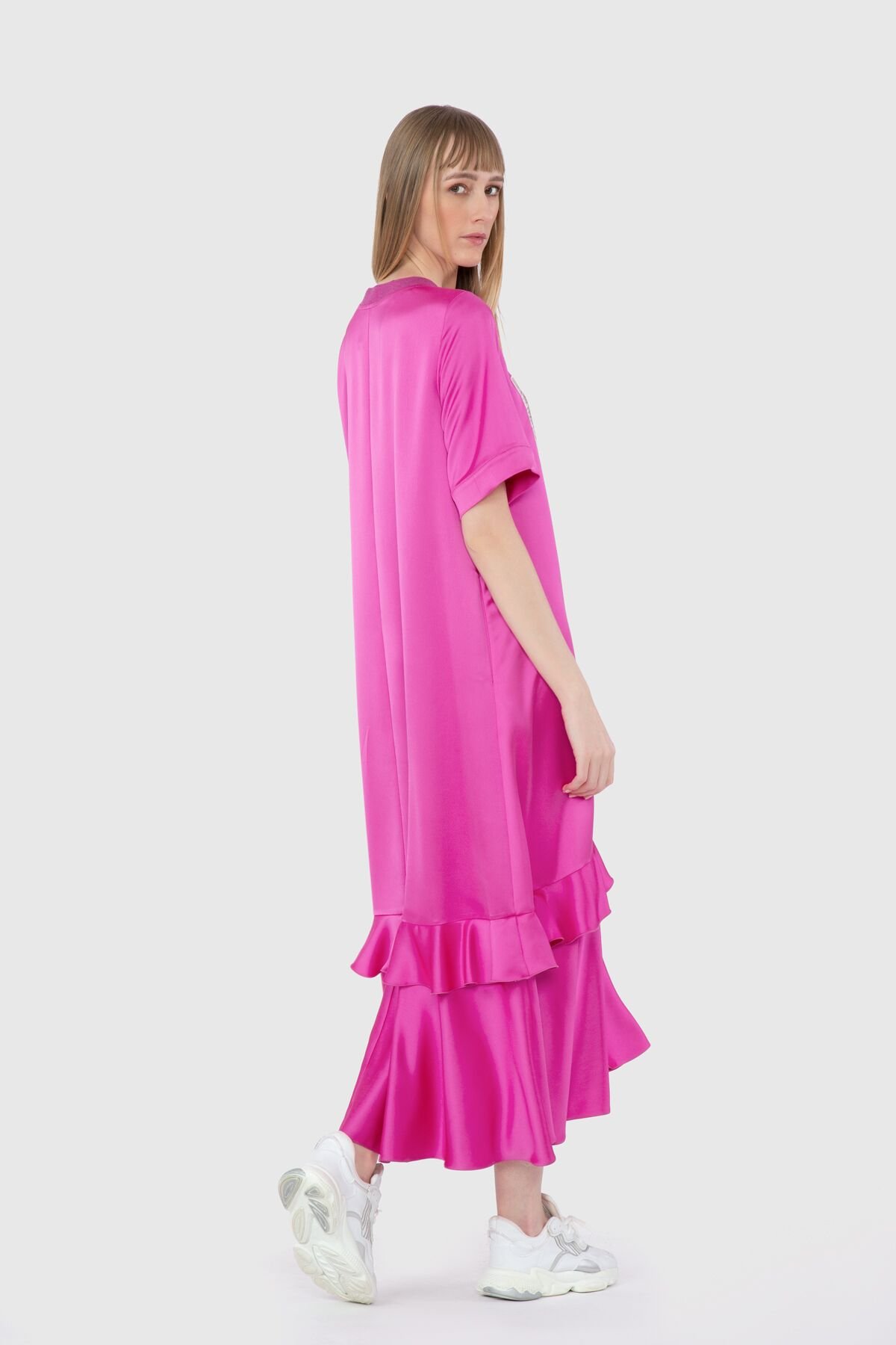 Baskı Detaylı Uzun Günlük Pembe Elbise