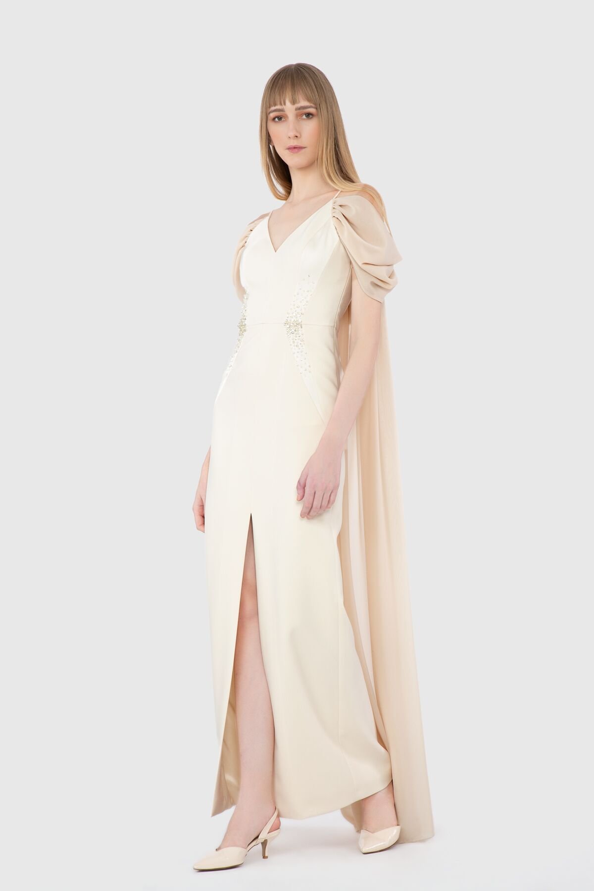 Chiffon Garnish Shoulder Detailed Slit Long Beige Dress