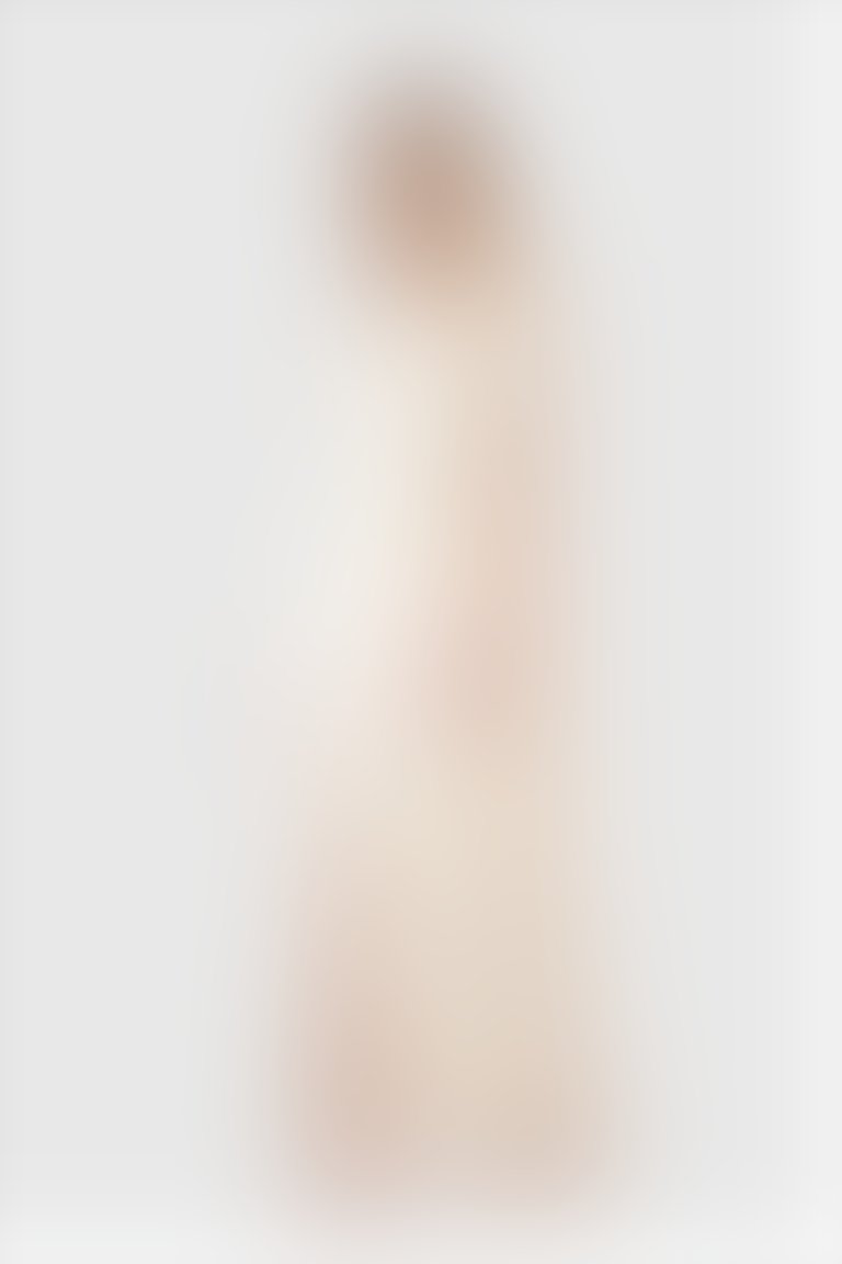 Şifon Garnili Omuz Detaylı Yırtmaçlı Uzun Bej Abiye Elbise