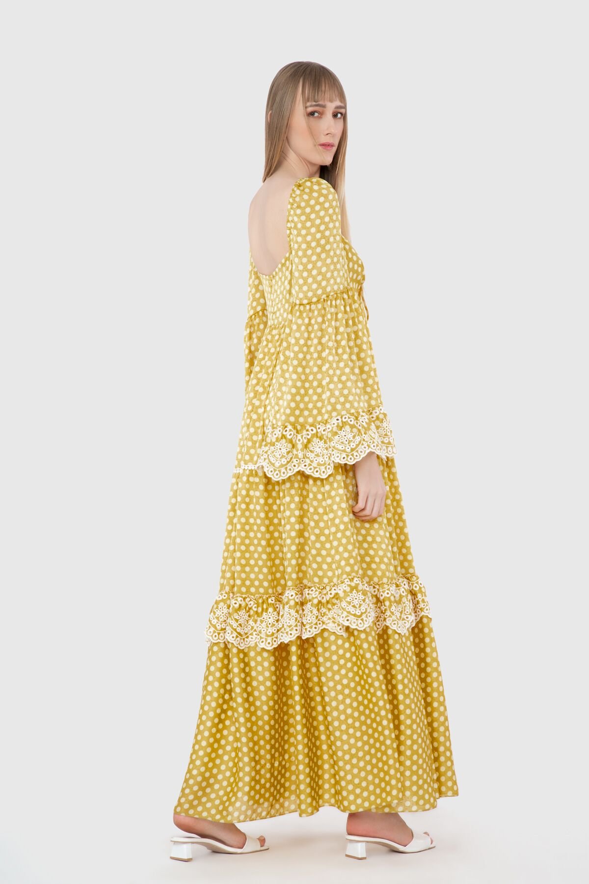 With Polka Dot Embroidery Detail Long Yellow Dress