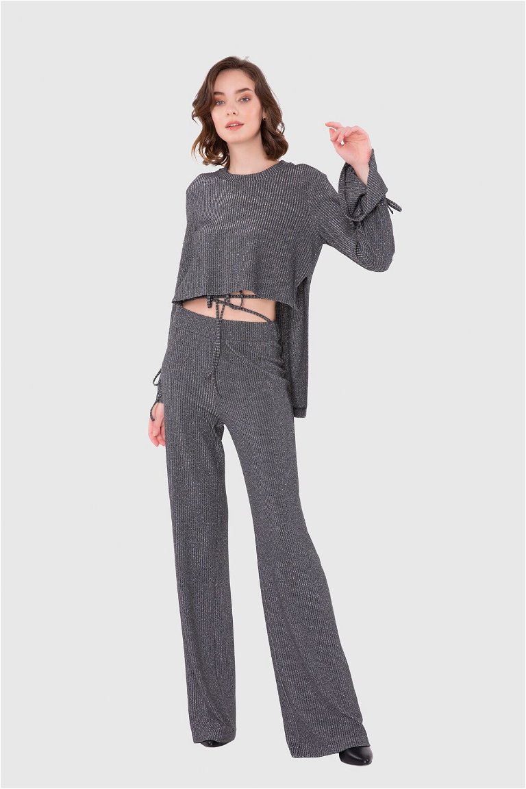 KIWE - Asymmetrical Cut Waist Blouse and Trousers Gray Suit