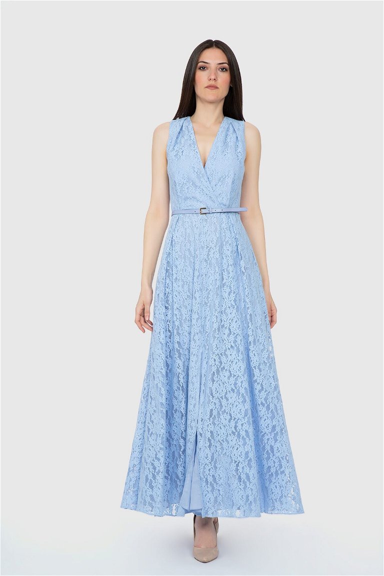 KIWE - V Neck Zero Sleeve Blue Long Dress